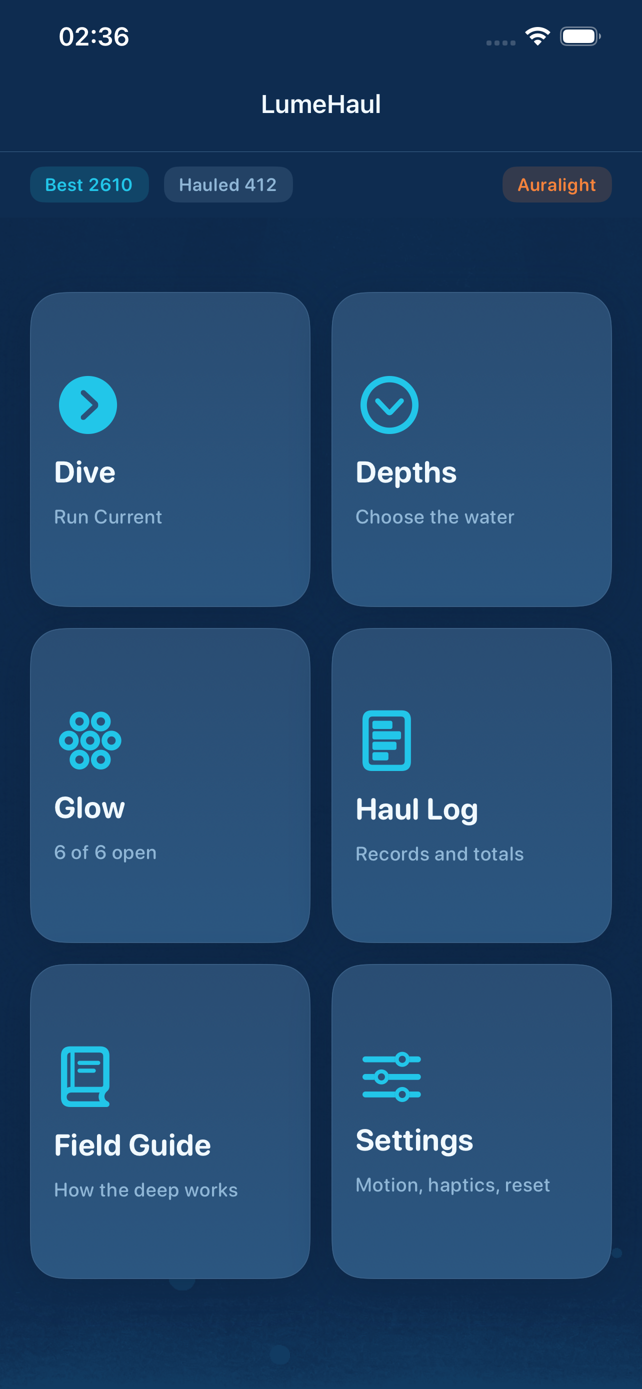 LumeHaul Deck screen with section cards